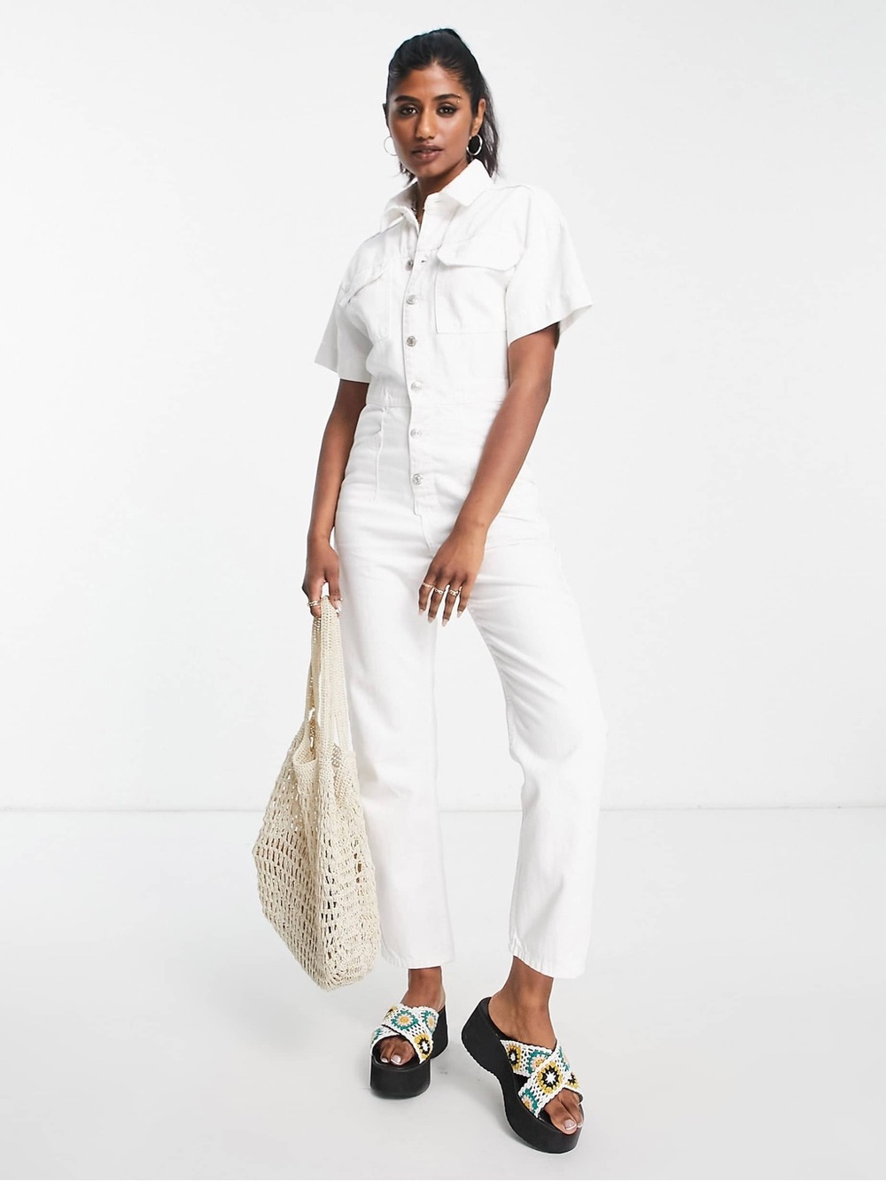 We The Free Marci Button Through Denim Jumpsuit in White Size XS $128